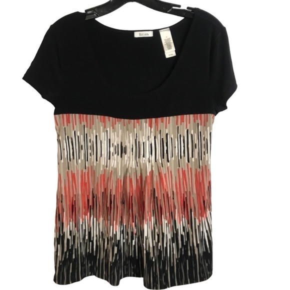 Liz Co Geometric Black Orange Beige Short Sleeve Top  Size M - Picture 1 of 9